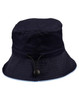 A navy blue bucket hat featuring a toggle adjustment and a brim design. It includes a logo detail.