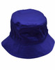A blue bucket hat with a toggle, featuring a wide brim. The hat has a smooth finish and includes a logo.