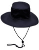 A navy blue surf hat with a wide brim and a clip-on chin strap, featuring buttons on the side.
