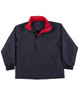 A black varsity jacket with a red collar, featuring a logo and snap-button front closure.