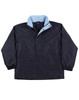 A black varsity jacket with a light blue collar and snap buttons, featuring side pockets and ribbed cuffs.