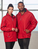 A red sport/racing jacket featuring a zip front and reflective piping, displayed on a male and female model.
