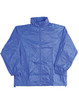 A blue outdoor activity spray jacket with a full zip and elasticated cuffs, featuring a logo.