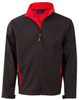 A men's softshell jacket in black with red contrast detailing and zippered pockets. It features a high collar.