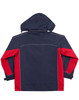 A navy and red men's 3-in-1 jacket with a hood, featuring a logo and contrast stitching.