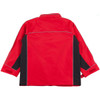 A red and black men's jacket featuring a collar and contrasting panels, with a logo on it.