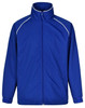A blue track jacket featuring white piping and a high collar. The jacket has a logo on the front.