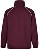 A maroon kids' track top jacket with white piping, featuring a high collar and elasticated cuffs.