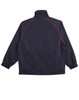 A navy track jacket featuring red piping along the seams and a high collar. It has a logo on the back.