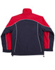 A reversible jacket featuring a navy blue body with red sleeves and contrast piping, and a logo on the design.