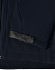 A navy softshell jacket featuring a sleek design with a leather patch on the sleeve. Includes a logo.
