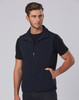 A men's softshell hi-tech vest in navy blue, featuring a zip front and side pockets, worn over a black t-shirt.