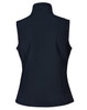 A black women's softshell vest with a high collar and no sleeves at the back. It features a logo.