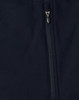 A dark navy softshell vest featuring a zippered closure and a logo on the fabric.