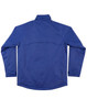 A blue men's jacket featuring long sleeves and a high collar, with a logo on the back.