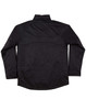 A black men's jacket with a collar and long sleeves, featuring a simple design and a logo.