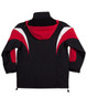 A tri-colour jacket featuring a red and black design with a hood and white accents. It has a logo on the back.