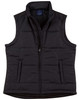 A black padded vest with a zip closure and a standing collar, featuring a logo on the inner label.