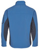 A blue and black men's softshell jacket with a high collar and a logo on the back.