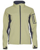 A softshell jacket in light green with dark grey accents and a zippered pocket on the arm, featuring branding.