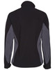 A softshell jacket in black with grey contrast panels, featuring a high collar and a logo on the sleeve.