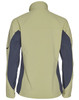 A softshell jacket in light green with navy contrasting panels, featuring a collar and long sleeves. It has a logo.