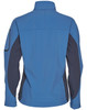 A blue and navy ladies' softshell jacket with a high collar and contrasting panels. It features a logo on the sleeve.