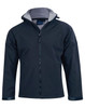 Men's softshell full zip hoodie in dark navy with a contrasting grey inner lining and a logo on the chest.