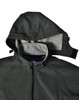A men's softshell full zip hoodie in grey, featuring a hood and a logo on the inner collar.