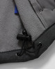 A close-up of the interior of a grey men's softshell full zip hoodie, featuring a drawstring and soft fabric lining.