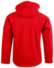 A red men's softshell full zip hoodie featuring a hood and a logo on the back.