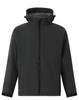 A softshell full zip hoodie in dark grey, featuring a hood and zippered pockets, with a logo on the chest.