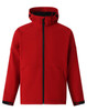 A red kids' softshell full zip hoodie, featuring a high collar and black trim, with a logo on the front.
