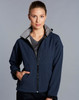 A navy ladies' softshell full zip hoodie featuring a grey inner lining and a zippered front. It has a logo on it.