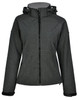 A dark grey ladies' softshell full zip hoodie with a hood, featuring a logo and a fitted design.