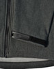 A grey ladies' softshell full zip hoodie featuring a zippered pocket and a logo.