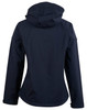 A navy ladies' softshell full zip hoodie with a hood and a logo on the back.