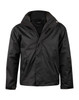 A black ladies' versatile jacket featuring a hood and zip pockets, with a logo on the front.