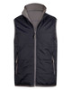 A black and grey men's vest with a zip front and two side pockets, featuring a high collar and a logo.