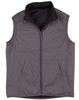 A grey versatile vest with a zippered front and two front pockets, featuring a collar and a branded logo.