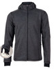 Men's heather bonded fleece jacket in dark grey with a hood, featuring zip pockets and a logo.