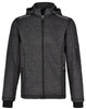 A men's heather bonded fleece jacket in dark grey, featuring a zipped front and a hood, with a logo on the side.
