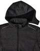 A men's heather bonded fleece jacket in dark grey with a hood and zippered front. Features a logo and reflective details.