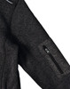 A dark grey fleece jacket featuring a zipped pocket on the sleeve and a logo on the front.