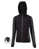 A black and grey ladies' heather sleeve quilted body jacket with a hood and zippered pockets, featuring a logo.