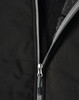 A black quilted jacket featuring a zippered closure and a soft interior lining. It has a logo on the surface.