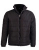 A black heavy quilted jacket with a zip front and high collar, featuring a logo on the chest area.