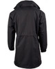 A black long line stadium jacket featuring a drawstring waist and elastic cuffs. It has a logo on the back.