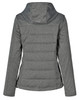 A grey cationic quilted jacket with a hood, featuring a structured back and a logo.