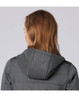 A grey quilted jacket with a hood, featuring a sleek design and visible stitching details at the back.